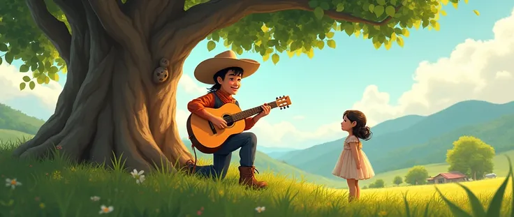 Happy Filipino teenager cowboy serenading a girl with a acoustic guitar under the tree in a province