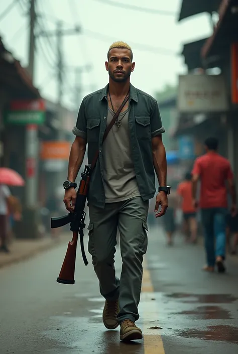 A Indonesian blonde black short hair cut,Man Is Walking Down The indonesian Street With Merrel Shoes On His Feet, A Casio Watch And A Kalashnikov In His Hand
extremely detailed CG unity 8k wallpaper), full shot body photo of the most beautiful artwork in