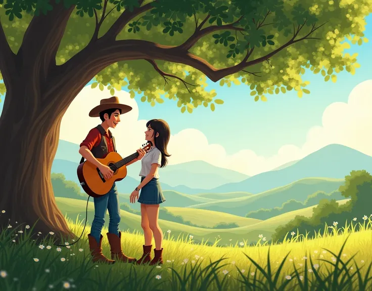 Happy Filipino teenager cowboy serenading a woman with a acoustic guitar under the tree in a province