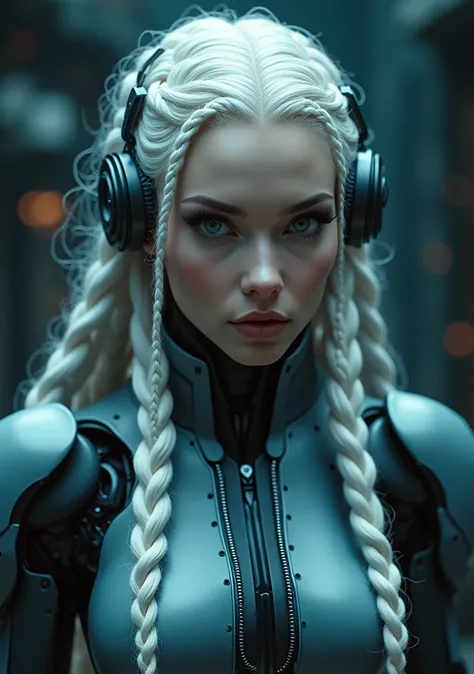 1 girl, beautiful woman with futuristic robotic arms, white hair braided, pale skin, (best quality,4k,8k,highres,masterpiece:1.2),ultra-detailed,(realistic,photorealistic,photo-realistic:1.37),hyperrealistic, highly detailed full body, intricate details, b...