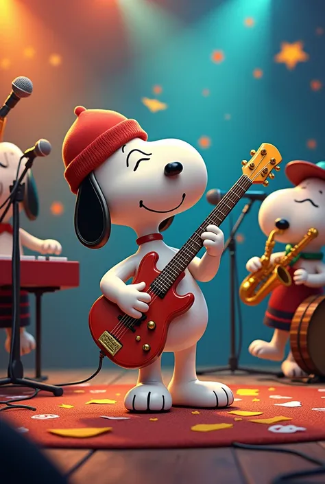 Snoopy plays electric guitar，Snoopy plays the electronic keyboard，Snoopy plays saxophone，snoopy sings