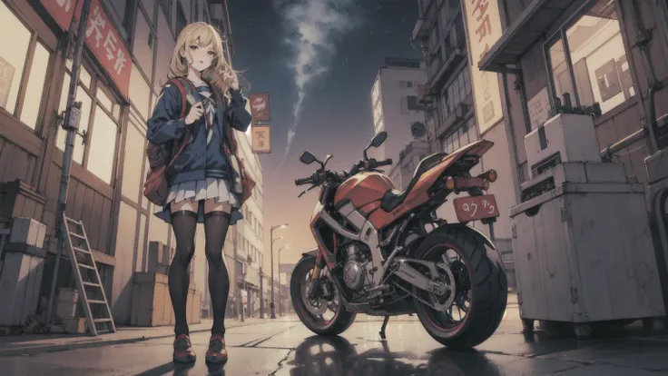 ((masterpiece)), (best quality), official art, extremely detailed CG, unity 8k wallpaper, ultra detailed, highly detailed, 1 anime girl on a motorcycle with a backpack on her back, headphones,Tokyo street , night, style anime, by Yamagata Hiro, beautiful a...