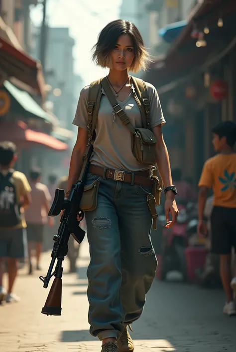 A Indonesian black blonde 
 Short hair ,women Is Walking Down The indonesian Street With Merrel Shoes On His Feet, A Casio Watch And A Kalashnikov In His Hand
extremely detailed CG unity 8k wallpaper), full shot body photo of the most beautiful artwork in