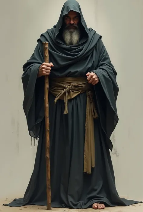 A man with a stick in a Muslim priest&#39;s cloak and hood