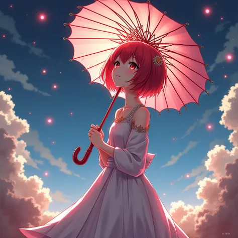 Anime fake scene which is the gurl is looking up, full body, short red hair, red eyes. wearling a tiara, umbrella on her hand