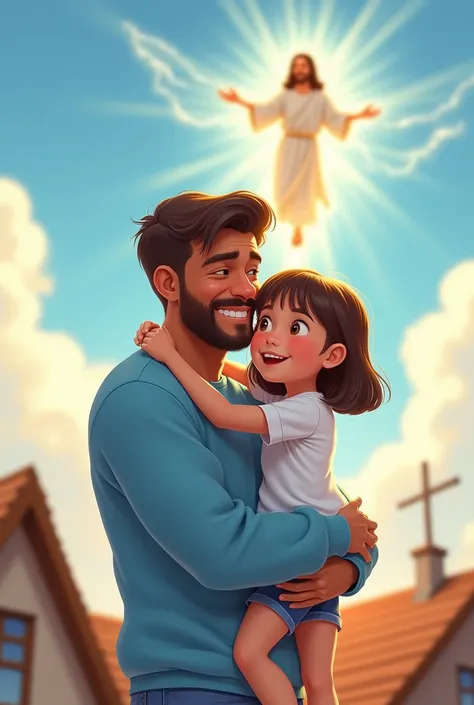 A dad smiling with his  daughter at home from the rooftop grateful and Enjoying the day with his daughter and watching them from heaven Jesus, The father is approximately 40 years old with straight hair dressed in a light blue sweatshirt and the  daughter ...