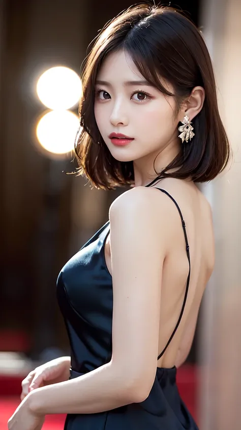 1 female, Beautiful Japanese actresses, Age 25, Double Eye,mile, Detailed face, Big earrings，Large Necklace, Flashy makeup using red eyeshadow，light brown delicate middle cut hair，the tips of the hair are wavy，Classy hairstyle，fine grain,Slender actress, S...