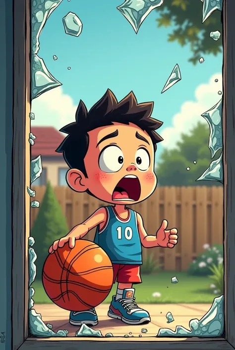 comic cartoony easy to draw cover a boy wearing a jersey who is shocked because he broke the neighbors’s window outside the backyard glass on the floor title “carlo at ang bola” comic the ball is a basket ball he is in the backyard kinda far from the windo...