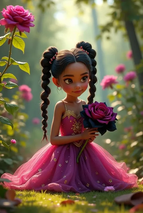 Buenas tardes 🙂🙂😘 

Prompt:Generate a digital movie poster of a beautiful young girl with long pigtails like a bun, web design hairstyle and knots style, in a vibrant flowing magenta pink and gold dress, kneel down and touch a big black rose in a garden. U...