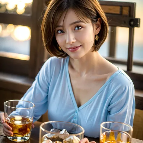 (Realistic, 超Realistic:1.4), 16K HDR, High resolution,((Whiskey Glass)),((Whiskey Bottle))Brown short hair,The best smile、Japanese Actress,so beautiful(It looks like the real thing),Evening Dresses,Cocktail Dresses、Whiskey Bottle、The Macallan、Johnnie Walke...