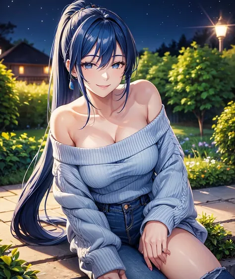 ((best quality)), ((masterpiece)), (detailed) 1 girl, Long ponytail hair, blue hair, blue eyes, wearing off-shoulder Sweater, blue jeans, Garden, mid night ,(smile:1.2), 