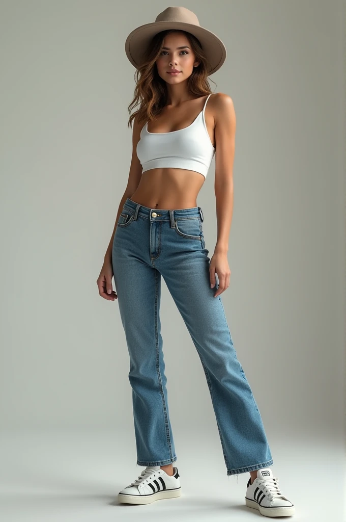 photo realistic. Create a young and sexy woman. She is wearing low-waisted jeans that fit her body., white crop top and Adidas sneakers, she wears a skater hat. 