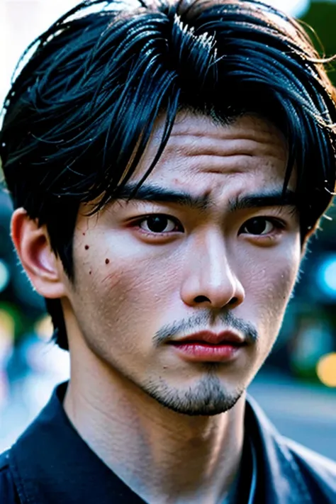 portrait of a young Japanese  boy 1, , manly, hairy, muscle, short curly black hair, peal skin, very tick eyes brow, big and black shining eyes, picture from a movie shot, soft light, 8k, sharp an bright, background is the soft blue bokeh, the best quality...