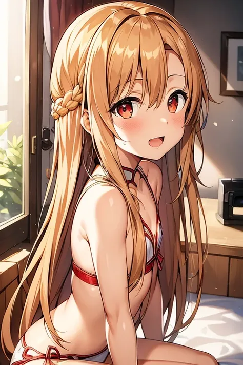 ((Best Quality)), ((masterpiece)), (be familiar with), Perfect Face, indoor, bedroom, Watching the audience,
One woman, Yuuki Asuna,
Open Mouth, Ecstatic expression, blush, smile,
Small breasts, Flat Chest, , , child, Girl,
Long Hair, Long Hair,
Leg spread...