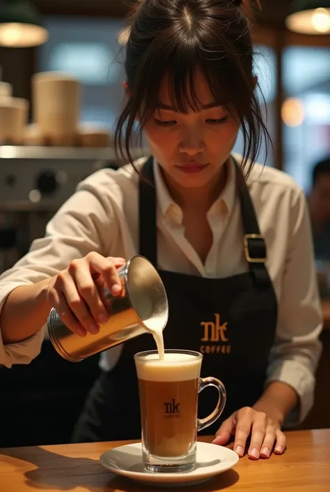 Photo of a cup of barista coffee overflowing from the glass onto the table, with PICTURES of letters "NK" as a logo, glass with inscription : "NK COFFEE". background of malay woman  wearing apron buttoned messy hair with bangs, hand attraction copying cup ...