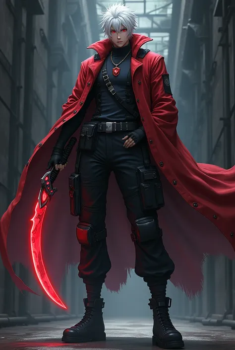 Male anime character wearing black military tactical pants. Black military boots. Red jacket. White hair. red eyes. Tall with a curved blade knife with red degree symbols on it that glow and a red gem that also glows on its hilt 