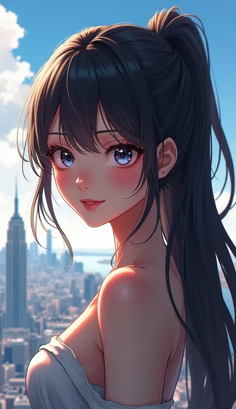 High resolution, masterpiece, Best Quality, High detail, One girl, Long Hair, chest, blue eyes, Red eyes, Slanted Eyes, smile, Character profile, Lens Flare, movie, Full body ponytail, The background is the city、Widescreen, Overlooking, Ahegao, 