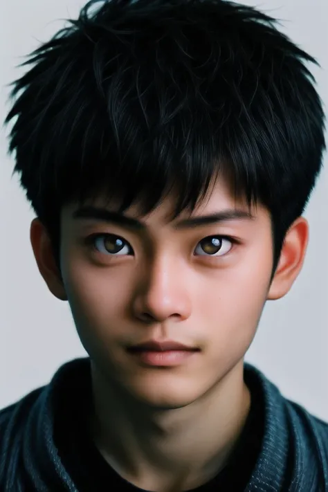 portrait of a young Japanese 15 year boy 1, , manly, hairy, muscle, short curly black hair, peal skin, very tick eyes brow, big and black shining eyes, picture from a movie shot, soft light, 8k, sharp an bright, background is the soft blue bokeh, the best ...