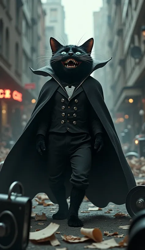 Scene 2: The Villain Appears**
   - *Image Prompt:* Dr. Catastro, a sneaky black cat in a villainous outfit, laughing maniacally while surrounded by his small, mischievous minions causing chaos in the streets.