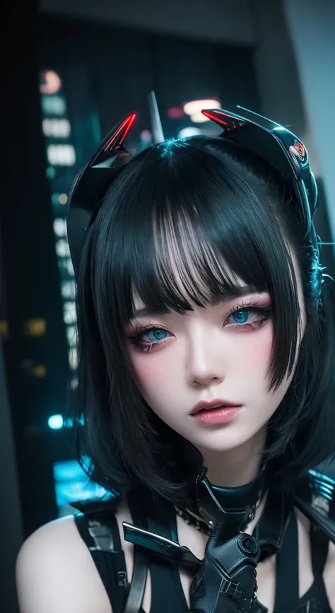 "Create a high-resolution cyberpunk artwork featuring a beautiful young woman with sleek black hair and a white shirt, striking a sensual and confident pose. Her makeup should be styled in a detailed and striking cosplay fashion, with futuristic and dramat...