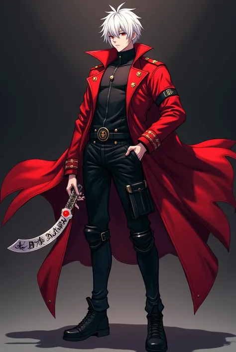 Male anime character wearing black military tactical pants. Black military boots. Red jacket. White hair. red eyes. Tall with a small curved-blade knife with bright symbols engraved on it and a bright red gem on its hilt. 