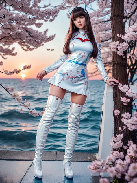 Russian girl　Brunette with bangs Large Breasts　Big eyes　((sunset, The sea and lots of cherry blossoms))　((Racing team bodycon dress made from shiny white and blue patent leather.))　((Enamel Knee High Boots))　8k　glamorous　Soft lighting　Sweat　((A large amoun...