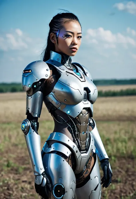 attire cyborg girl, standing in a war battle field,