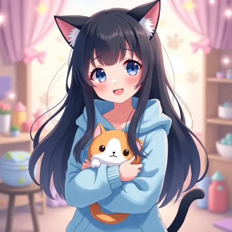 Kawaii anime catgirl wearing pastel blue hoodie, dark blue eyes, long black hair, happy expression,holding a cat plush, kawaii background