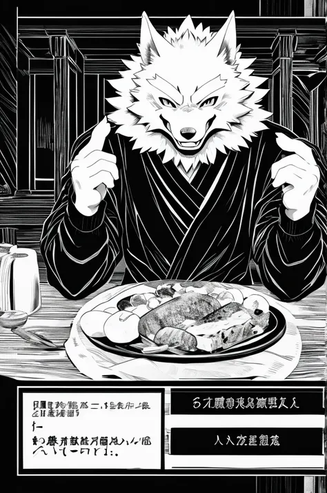 The table of contents should be blank.、Manga Table of Contents、Black and white comics、Japanese Manga、Monochrome、 Conversation scene、Comical werewolf wearing a long sleeved black shirt、A delicious looking cartoon of meat appears before your eyes、Happy Face、...