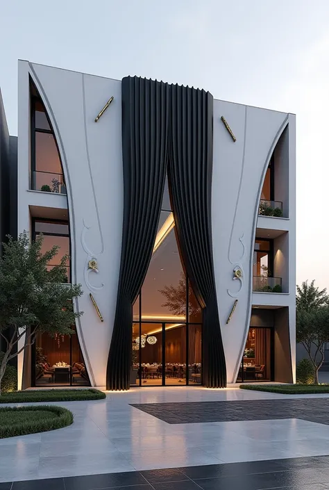 
double skin facade architecture design in iran , facade of restaurant  , 7.5 meter width, 22 meter height, front view, one sided  , high quality rendering architecture,, in iran , cinematic , luxury architecture facade view , white and black material