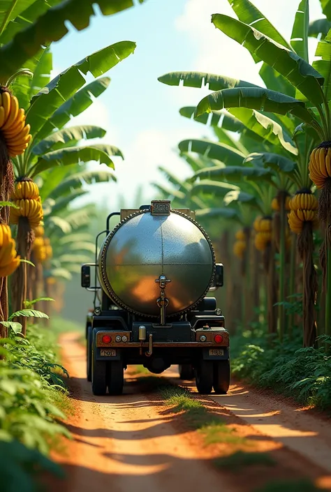 Combine the water tanker  truck and a banana plantation theme