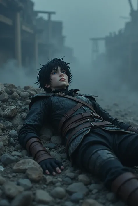 30 year old anime male, black hair blue eyes, wearing old fashioned combat gear, lying among the smoke, eyes lifeless