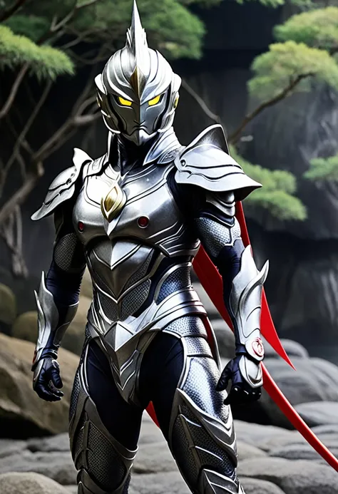 high quality、Ultraman、Black Silver、hero、Bishamonten、The background is Japanese style、Has a spear