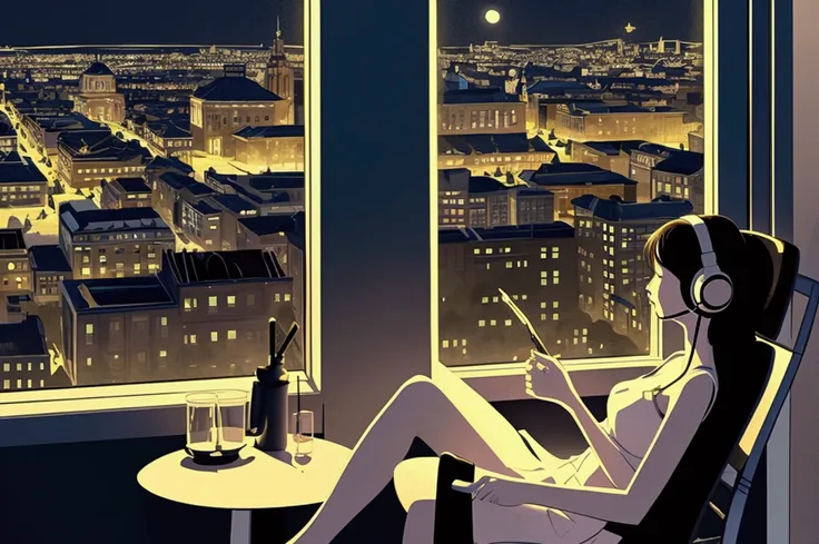 (masterpiece), (Highest quality), (Super detailed), (Best illustrations), (Best Shadow), (Absurd), woman, Age 25, Sitting in a chair with headphones on、city view outside the window、evening、Night view