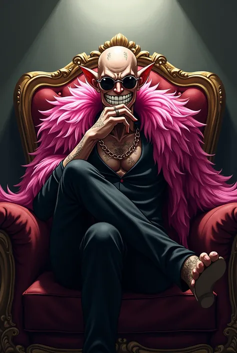 Doflamingo from One Piece sits on a chair with his legs spread wide、Put your chin on your hand、With a devilish grin。Wearing his trademark glasses。
Has tattoos