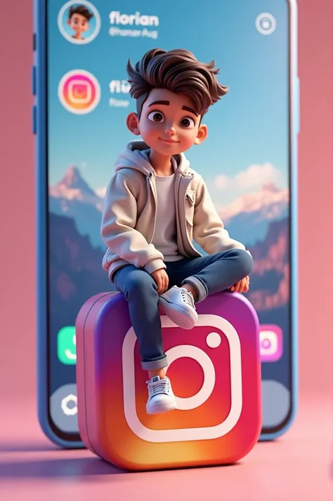 Create a 3d illustration of an animated character. character sitting casually on top of a social media logo “instagram”. The character must wear casual and modern clothing, like jeans. jacket and sports shoes . The background of the image is a social netwo...