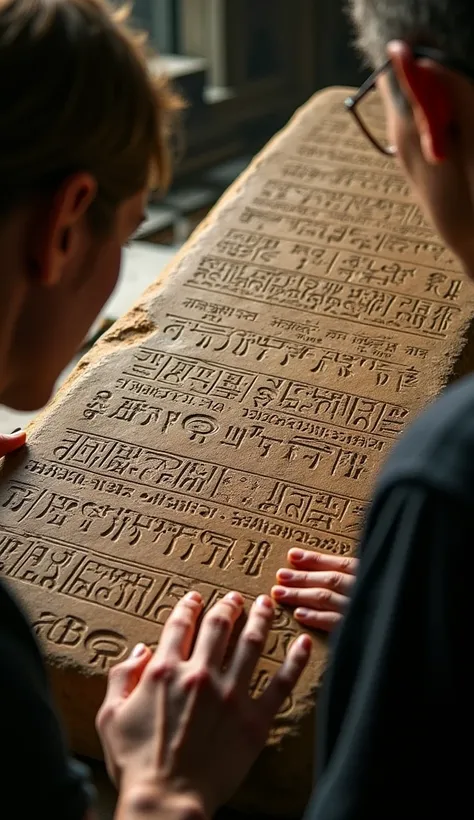 A close-up of the Rosetta Stone with ancient Egyptian hieroglyphs being deciphered.