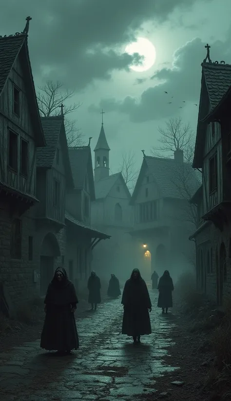 A haunting medieval village scene with dark clouds and eerie depictions of the plague.