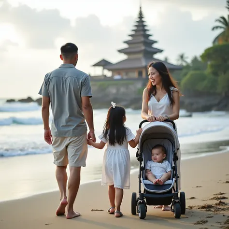 Professional family photography featuring a handsome 30 year old Indonesian father, Gemoy Indonesia, a beautiful 2 Indonesian mother, a beautiful  Indonesian girl, and there is a beautiful adorable Indonesian baby in the baby stroller, currently on holiday...