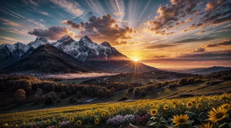 a colorful gradient sky and montain, dramatic clouds, detailed clouds, sunset, vibrant colours, cinematic lighting, serene and peaceful atmosphere, photorealistic, 8k, hyperdetailed, masterpiece, landscape, highly detailed, glowing sun, golden hour, sun fl...