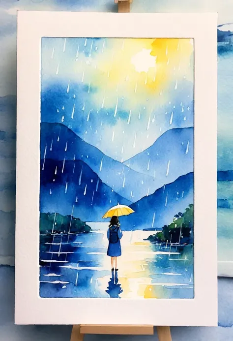 1 Girl、Bright screen、Watercolor、It rains、The background is a river