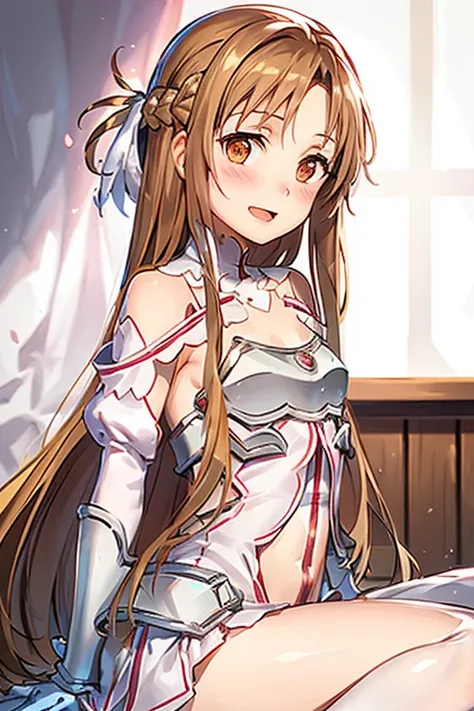 ((Best Quality)), ((masterpiece)), (be familiar with), Perfect Face, indoor, bedroom, Watching the audience,
One woman, Yuuki Asuna,
Open Mouth, Ecstatic expression, blush, smile,
Small breasts, Flat Chest, , , child, Girl,
Long Hair, Long Hair,
Leg spread...