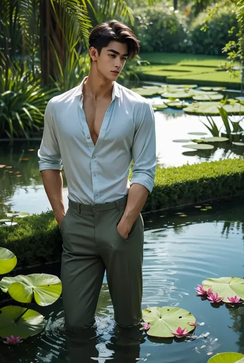 UHD, A tall handsome muscular man with broad shoulders and a calm expression sits at the edge of a serene water garden, his feet dipped into the cool, clear water. His shirt unbuttoned, reveals his sculpted chest and abs, his skin bronzed from the sun. His...