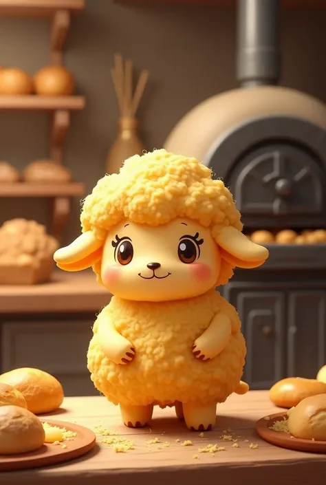 A cornbread sheep in a bakery (chibi style)