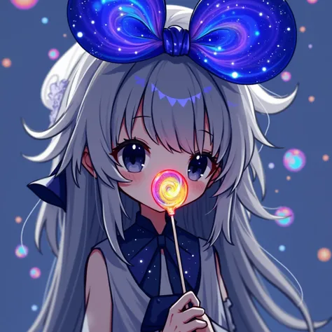 black and white girl licking lollipop, lollipop are transparent and cosmic color and very colorful with many colors in very smooth gradience, super close up of lollipop, very cute monochrome chibi girl,monochrome 3d