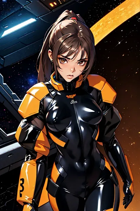 1girl, slender body, slim, extremely long ponytail, (dark brown hair), brown eyes, tan skin, ((ochre and black latex bodysuit)), (black armor), ((extremely glossy)), cyberwear, space background, starship interior, space cockpit
