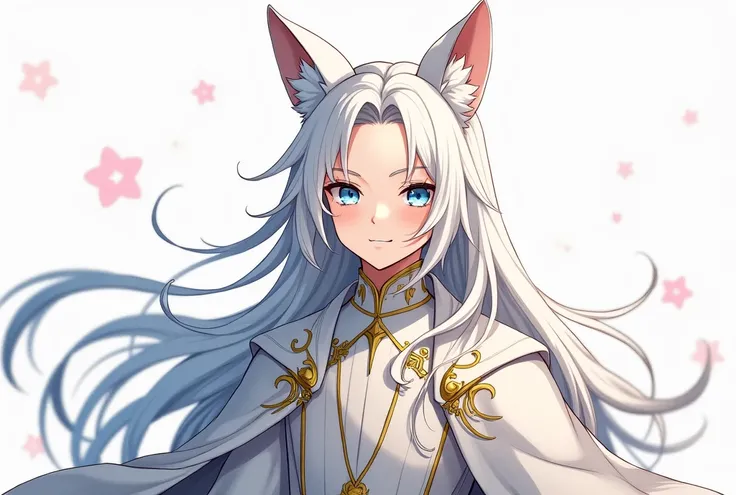 Anime, white long hair, handsome youth boy, white clothes, full body, high resolution, royal clothes, Solo, 
 Fox Ears, Blue eyes, Light Smile, Anime Style, Best Quality, HD, no background, boy, male, standing, Character Sheet Full-Length, 