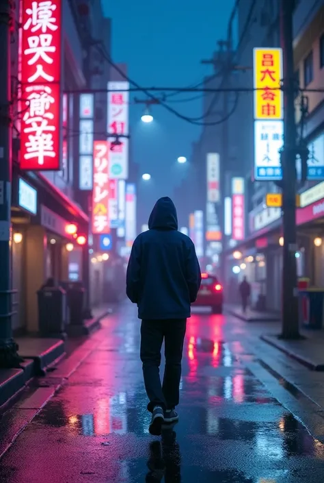 Imagine a person walking alone through the bright streets of Tokyo on a rainy night. The soft glow of neon signs reflects off puddles of water, with soft colors of pink, blue and purple blending into the wet asphalt. The person, with his hands in his pocke...