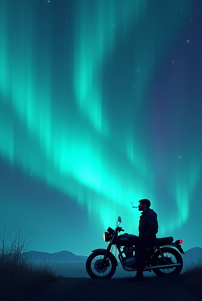 Image containing 90% Arora Borealis alongwith a corner having a biker smoking cigarette watching the northern lights and living their best moments of life 