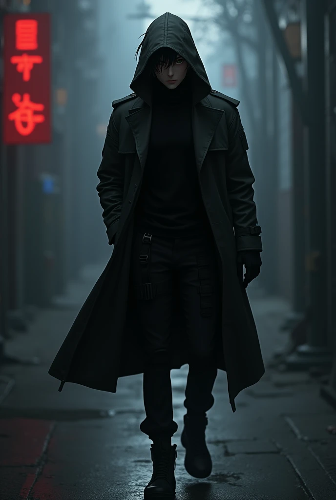 1 anime type male character wearing black trench coat and hood. Black and neat hair. And black tactical clothing 